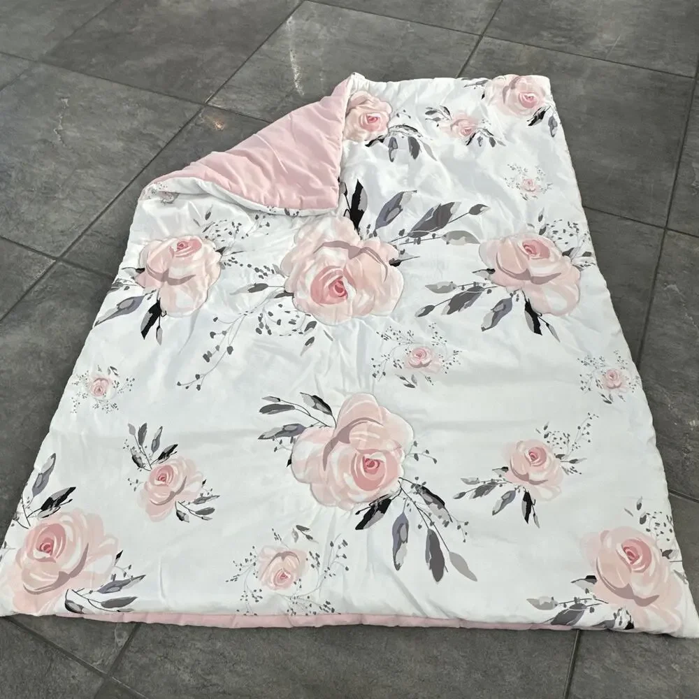 BEEWEED Floral Crib Blanket Comforter, Skirt, Diaper Holder, Bear Rug Pink Rose‎